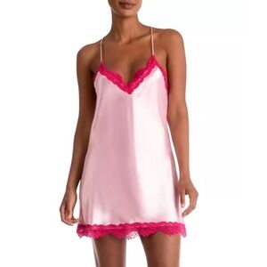 In Bloom By Jonquil Pink Nighty with Hot Pink Lace Size L Intimates Slip Dress